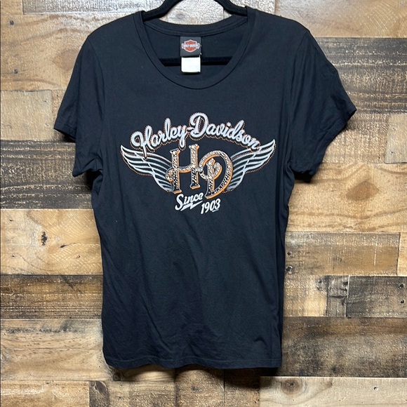 Harley-Davidson Black and Orange Winged Logo Tee Roanoke Virginia Women's Sz XXL - Picture 1 of 7